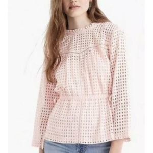 POINT SUR pink eyelet lace high neck long sleeve cinched waist blouse
